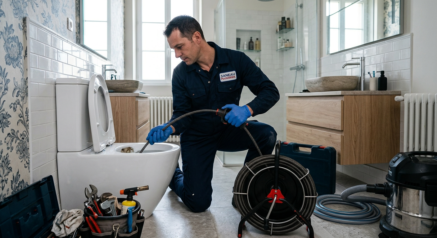 Plombier débouchant des WC avec un furet électrique à Courbevoie