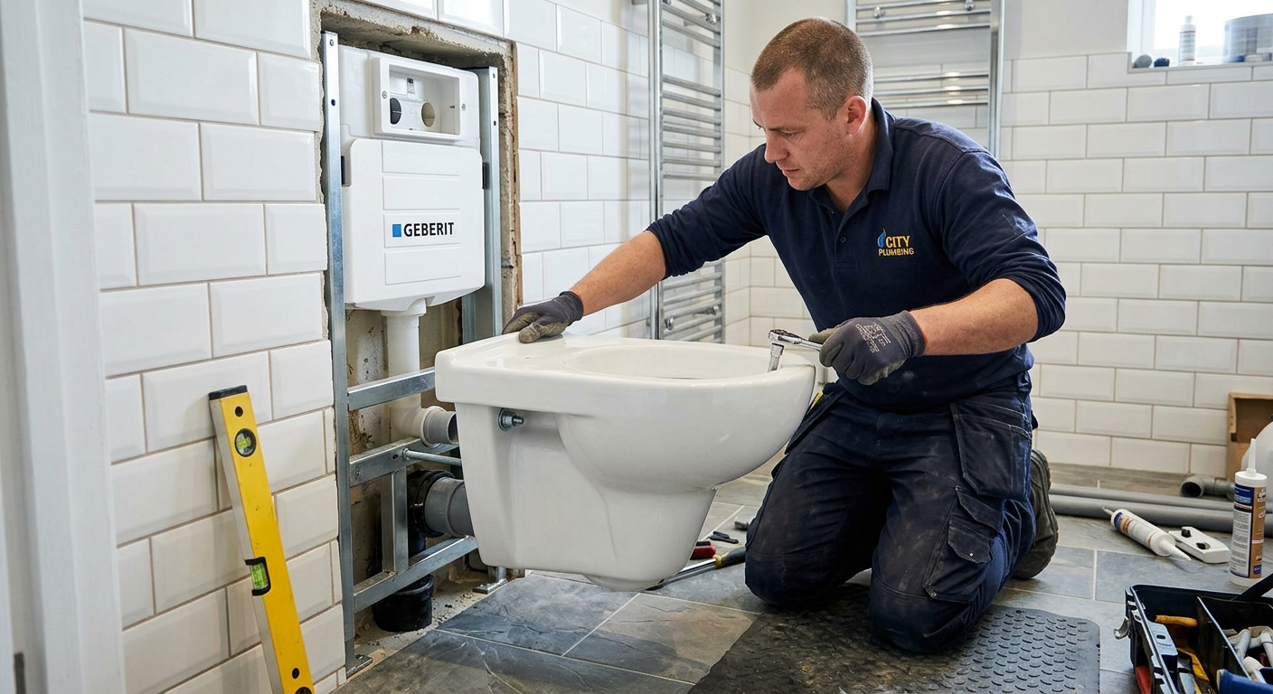 Pose de WC suspendu par un plombier professionnel à Courbevoie